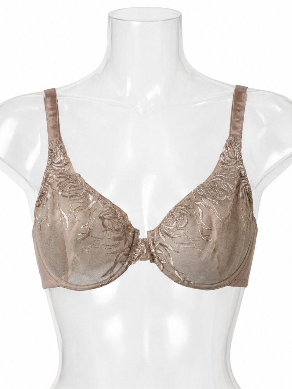 Wacoal Beguiling Full Coverage Bra 36D Nude Mesh Lace Underwire Embroidered Glam